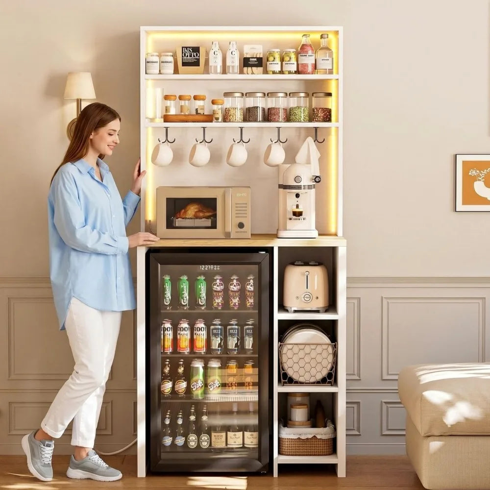 Kitchen Microwave Stand With Mini Fridge LED Lighting Power Outlets
