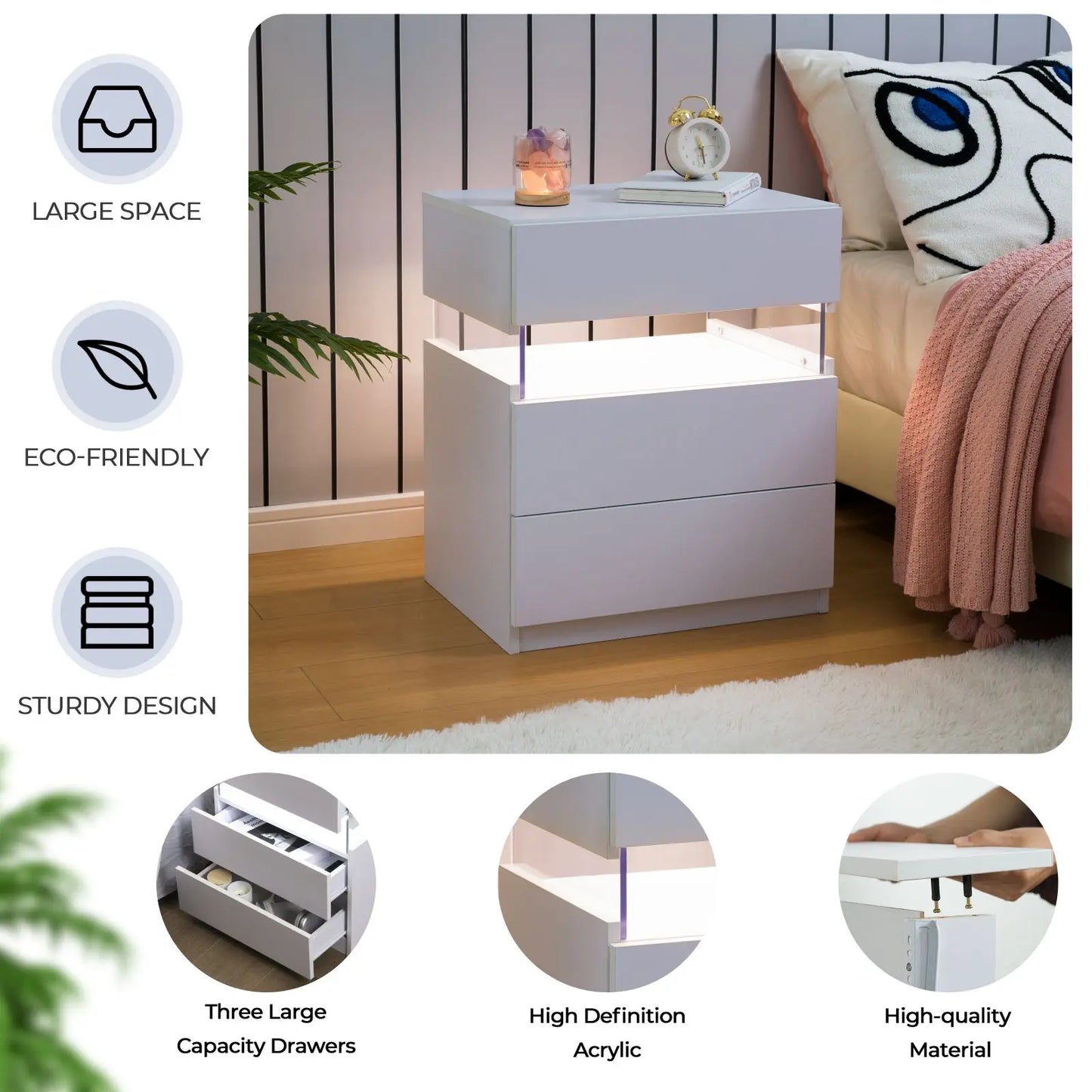 Cubehom Bedside Table Set With LED Lighting And 3 Drawers