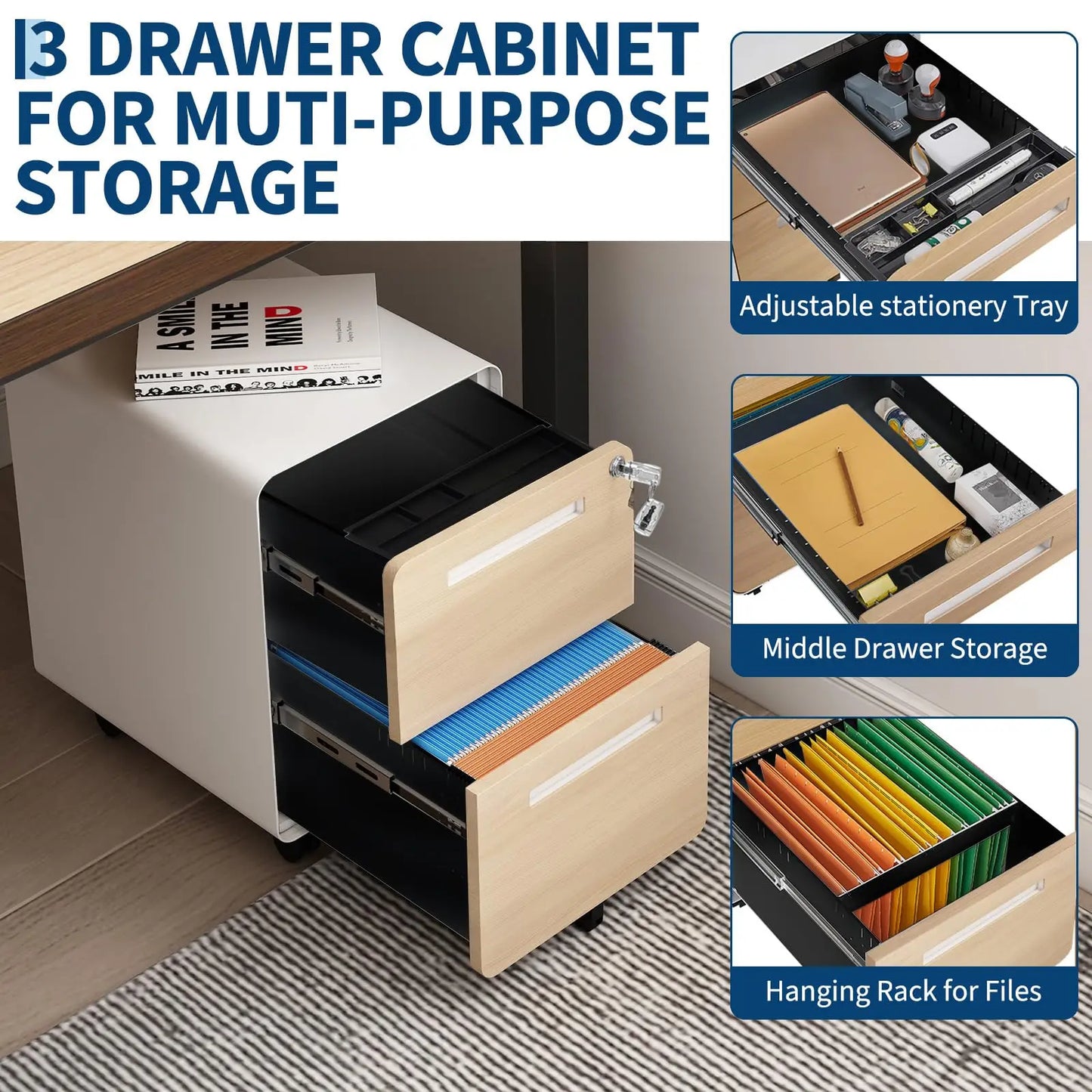 HiMISS Locking 2 Drawer On Wheels Rolling File Cabinet