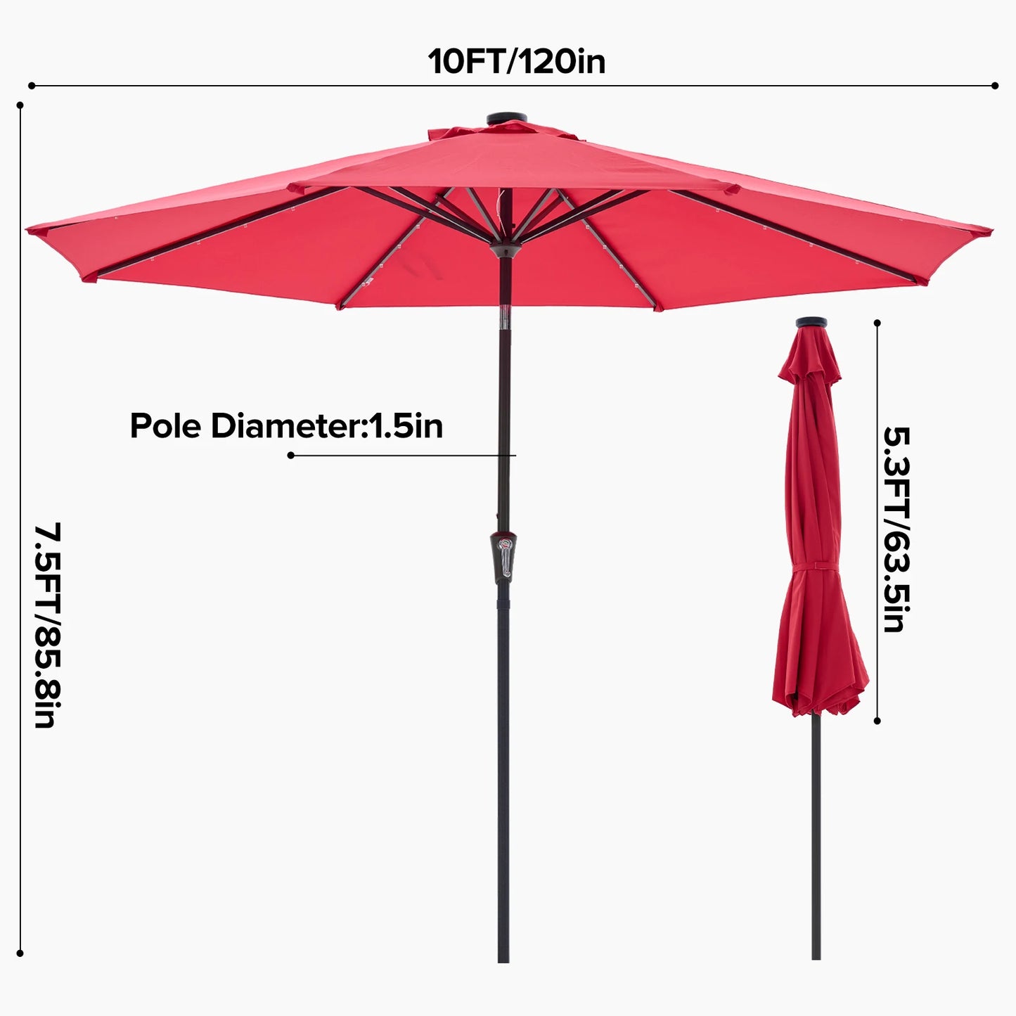 JHK Solar Patio Umbrella With 32 LED Lights Tilt Crank UV Resistant