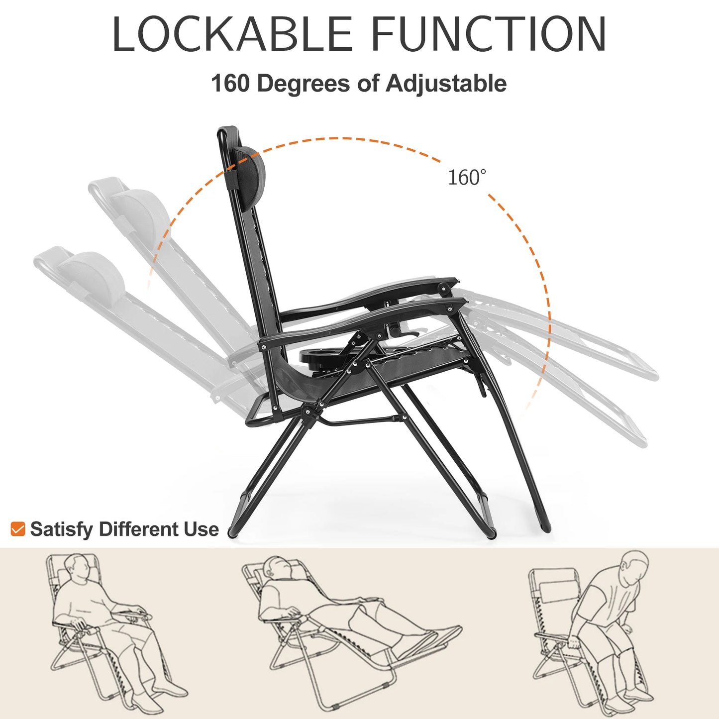 JHK Zero Gravity Portable Recliner With Cup Holder For Outdoor