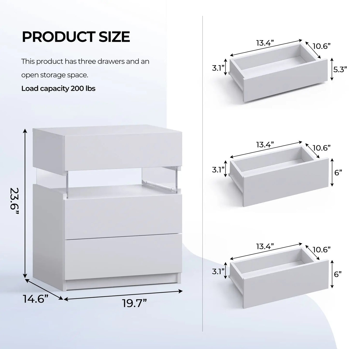Cubehom Bedside Table Set With LED Lighting And 3 Drawers