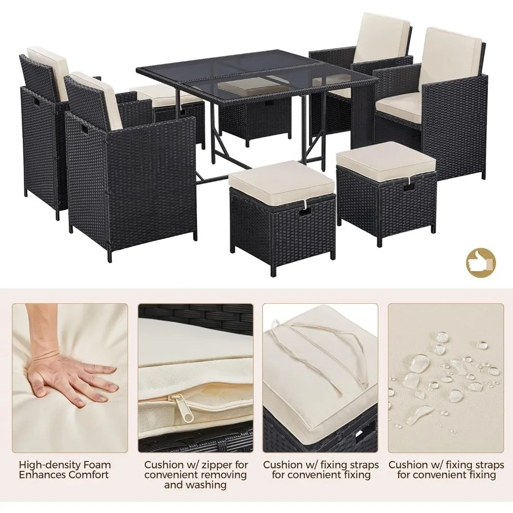 9-Piece Outdoor Patio Dining Set With Rattan Glass Table