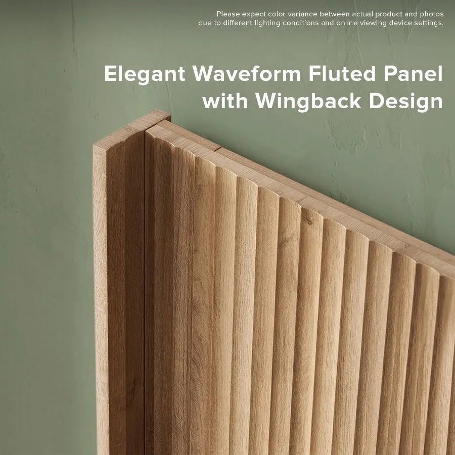Wall Mount Wood Headboard With Fluted Panel And Wingback Design
