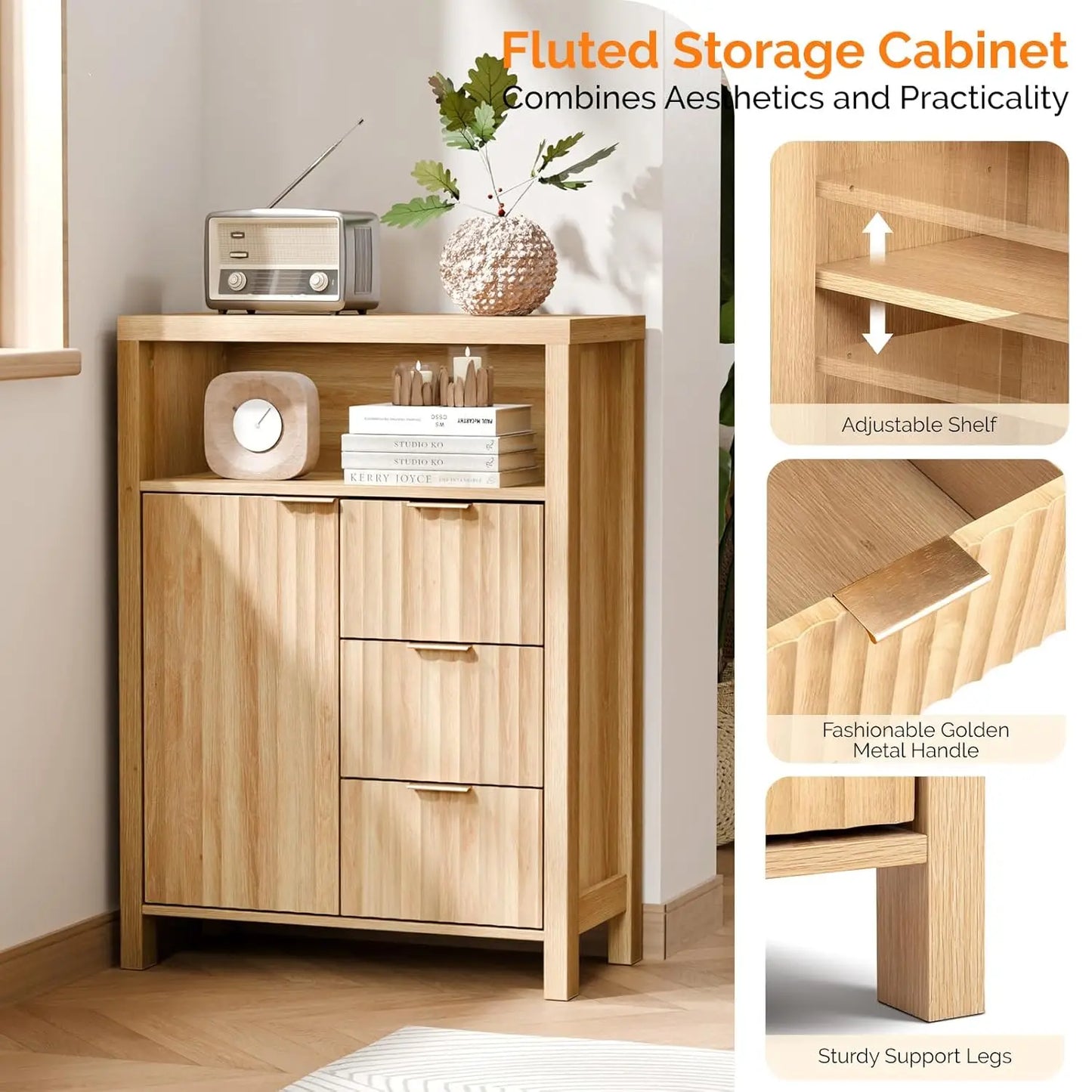 Fluted Bathroom Floor Storage Cabinet With Fluted Doors And Drawers