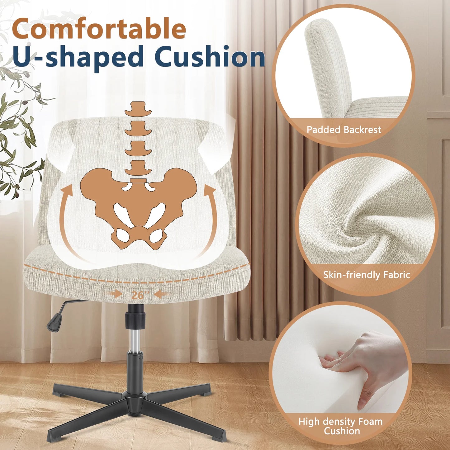 JHK Cross Legged Office Chair Rocking Swivel Adjustable Fabric Task Chair