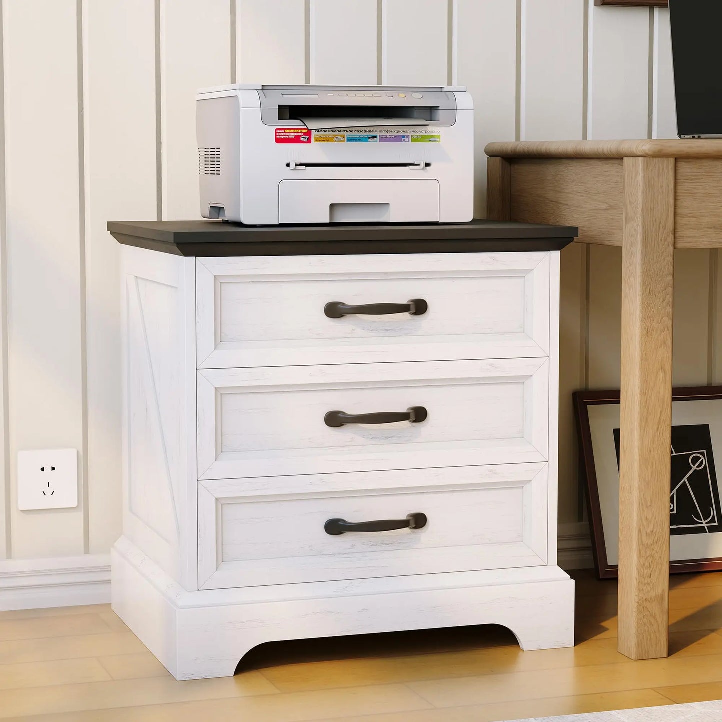Modern Farmhouse Wood Nightstand With Charging Station And Drawers