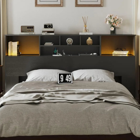 Wood Headboard With USB Storage And LED Lights Wall Mount