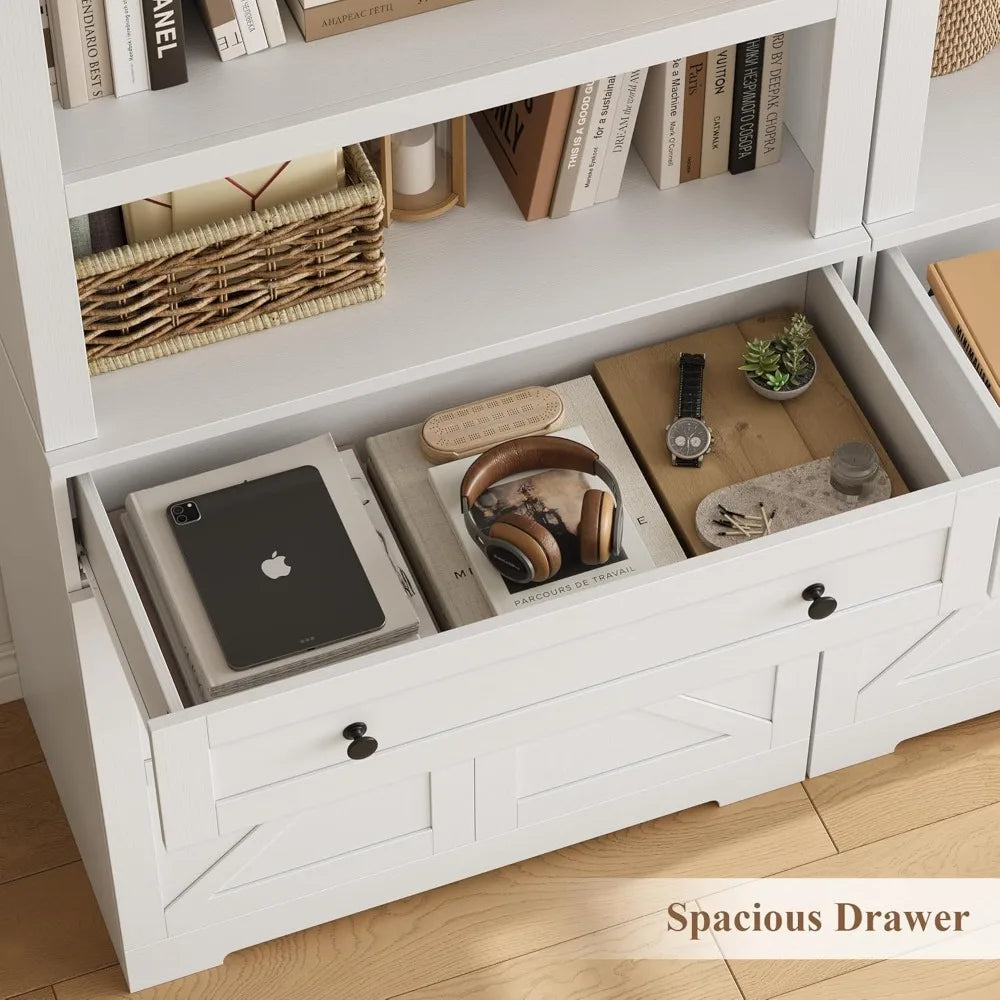 Farmhouse Wood Bookcase With Drawers And Doors Open Shelves