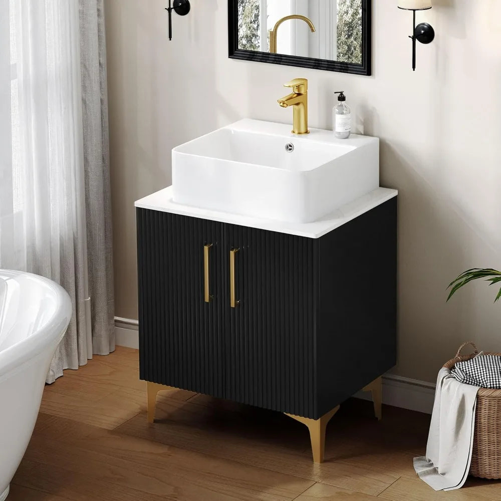 Modern Oak Bathroom Vanity With Countertop Sink Combo Soft Closing