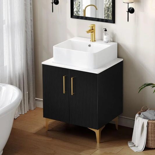 Modern Oak Bathroom Vanity With Countertop Sink Combo Soft Closing