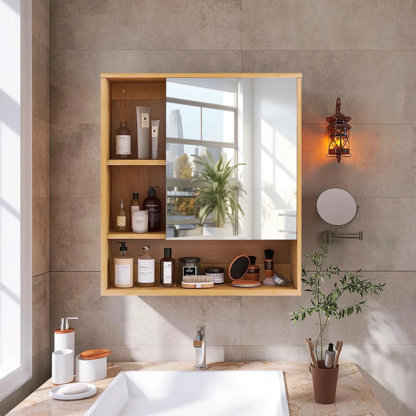 Natural Bamboo Wall Mounted Medicine Cabinet With Five Tier Shelves