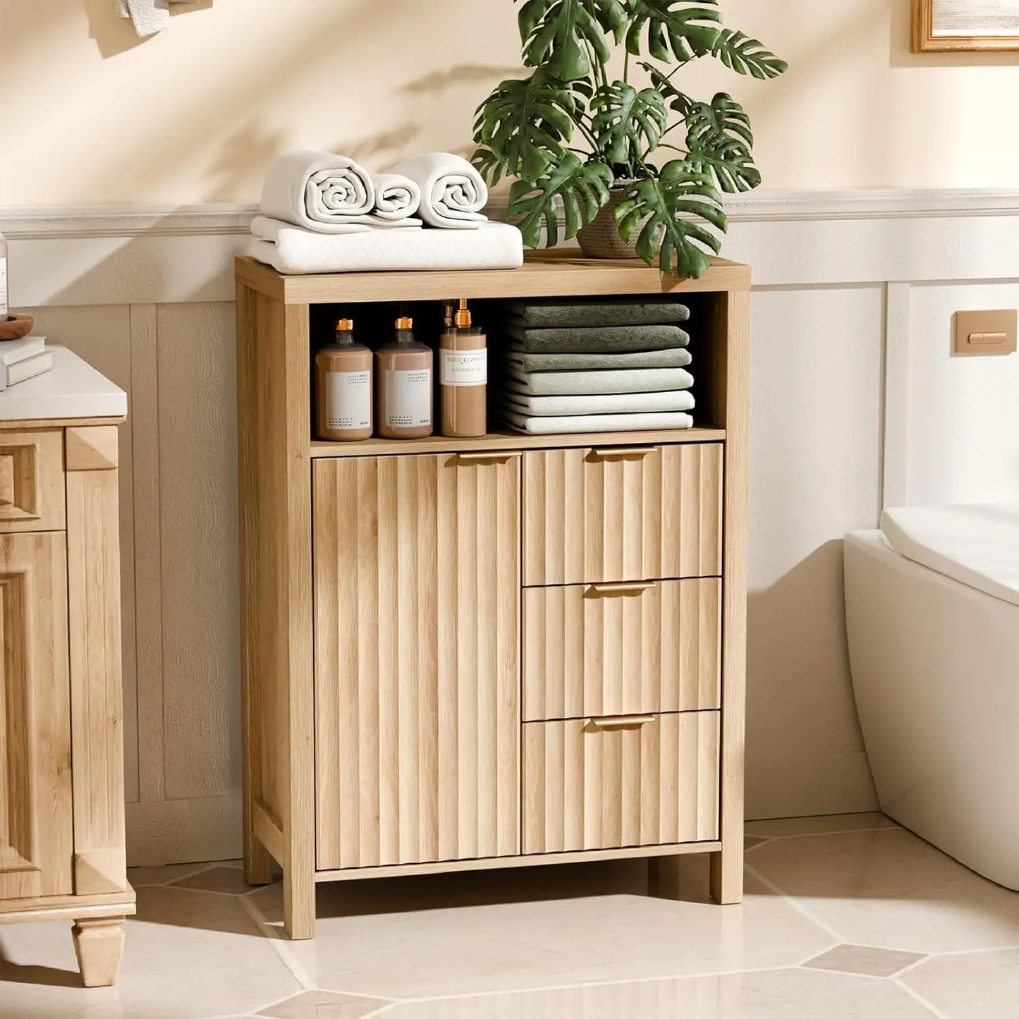 Fluted Bathroom Floor Storage Cabinet With Fluted Doors And Drawers