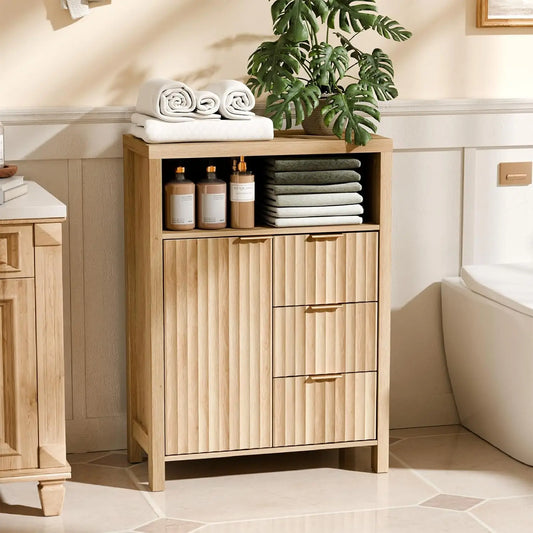 Fluted Bathroom Floor Storage Cabinet With Fluted Doors And Drawers