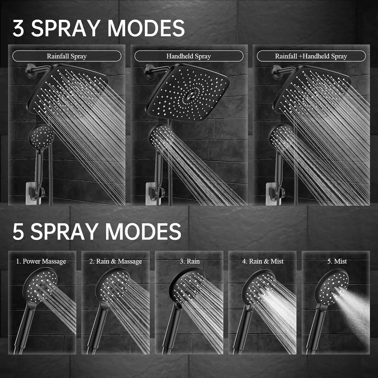 Veken Rain Shower Head With Handheld High Pressure 5 Modes