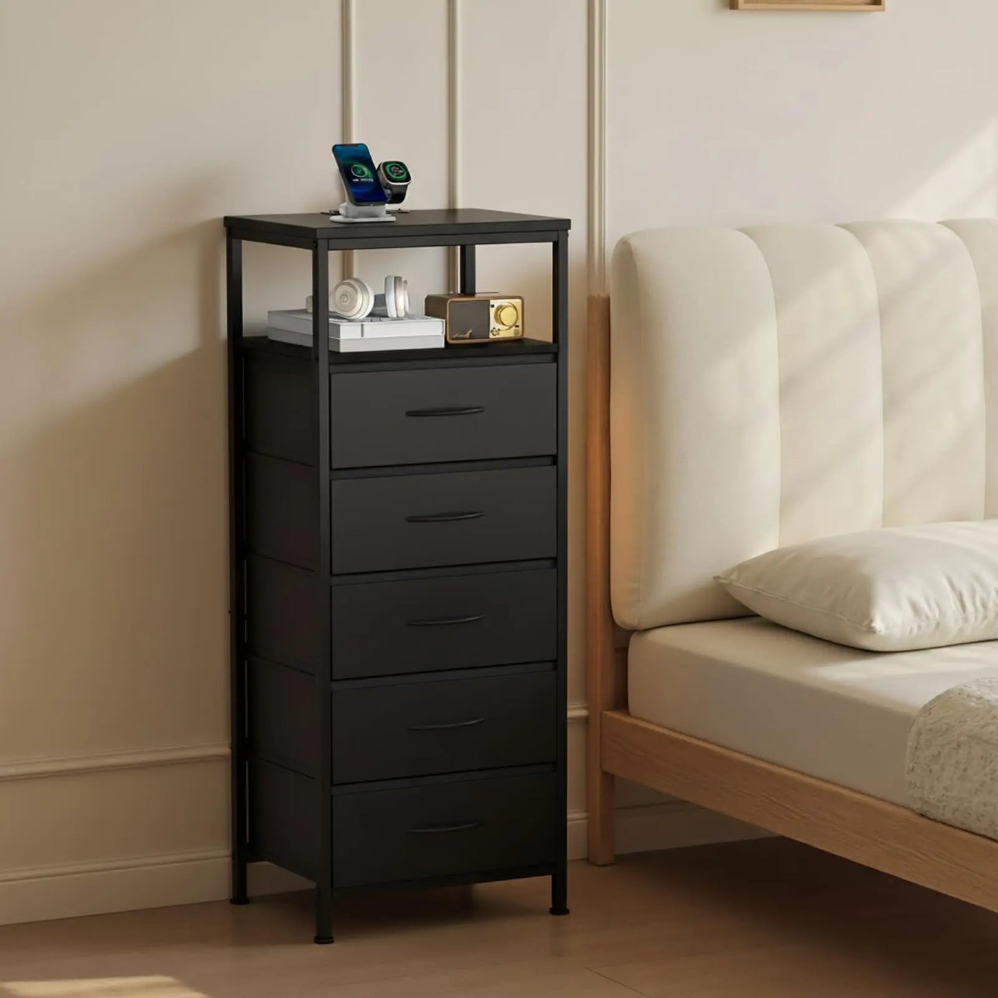 JHK 5 Drawer Dresser Nightstand With Charging Station