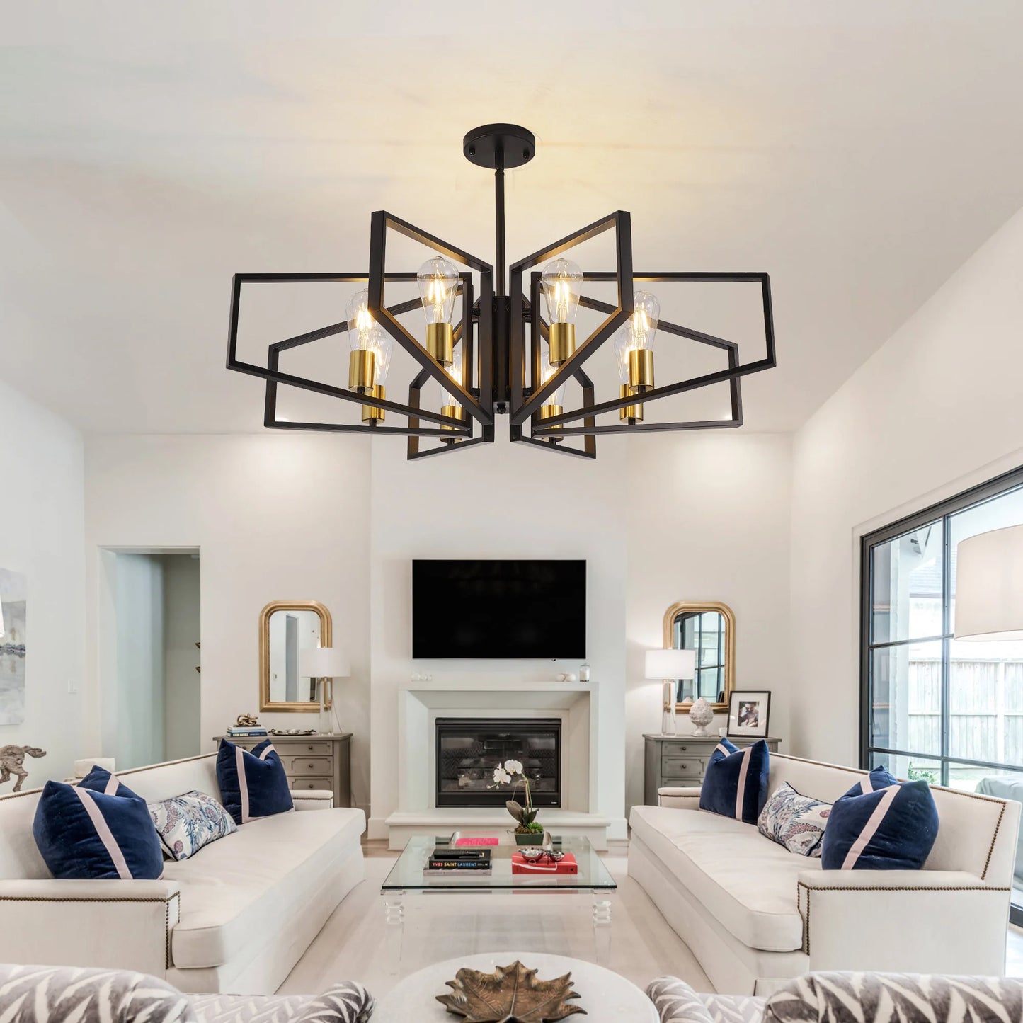 Geometric Eight Light Chandelier With Adjustable Height Metal Pendant