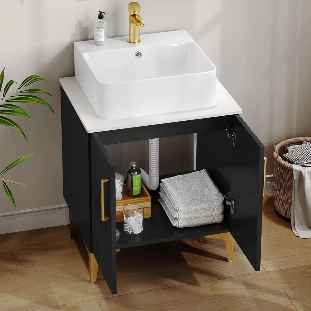 Modern Oak Bathroom Vanity With Countertop Sink Combo Soft Closing