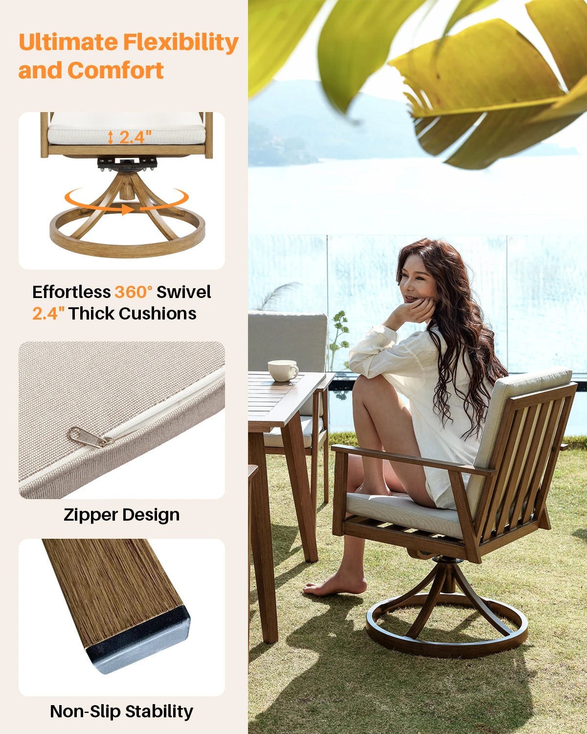 SeeHill Aluminum Outdoor Dining Table Set With Swivel Chairs