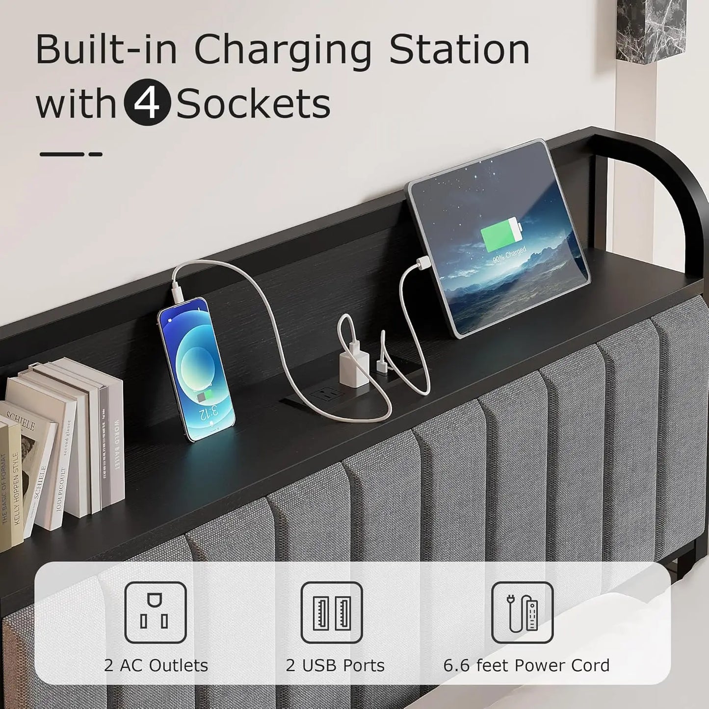 Bed Frame With Storage Headboard Charging Station Heavy Duty Slats