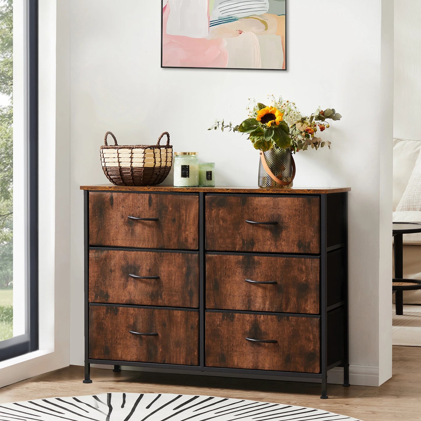 JHK 6 Drawer Fabric Cabinet Living Room Storage Chest