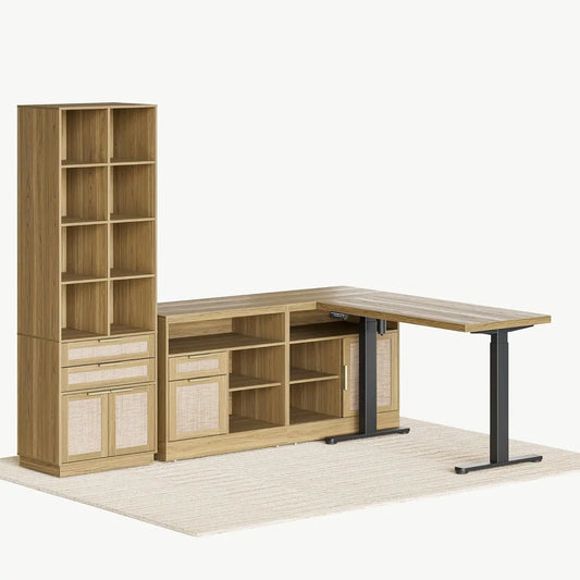 Electric Height Adjustable Standing Desk With Bookshelf And File Storage