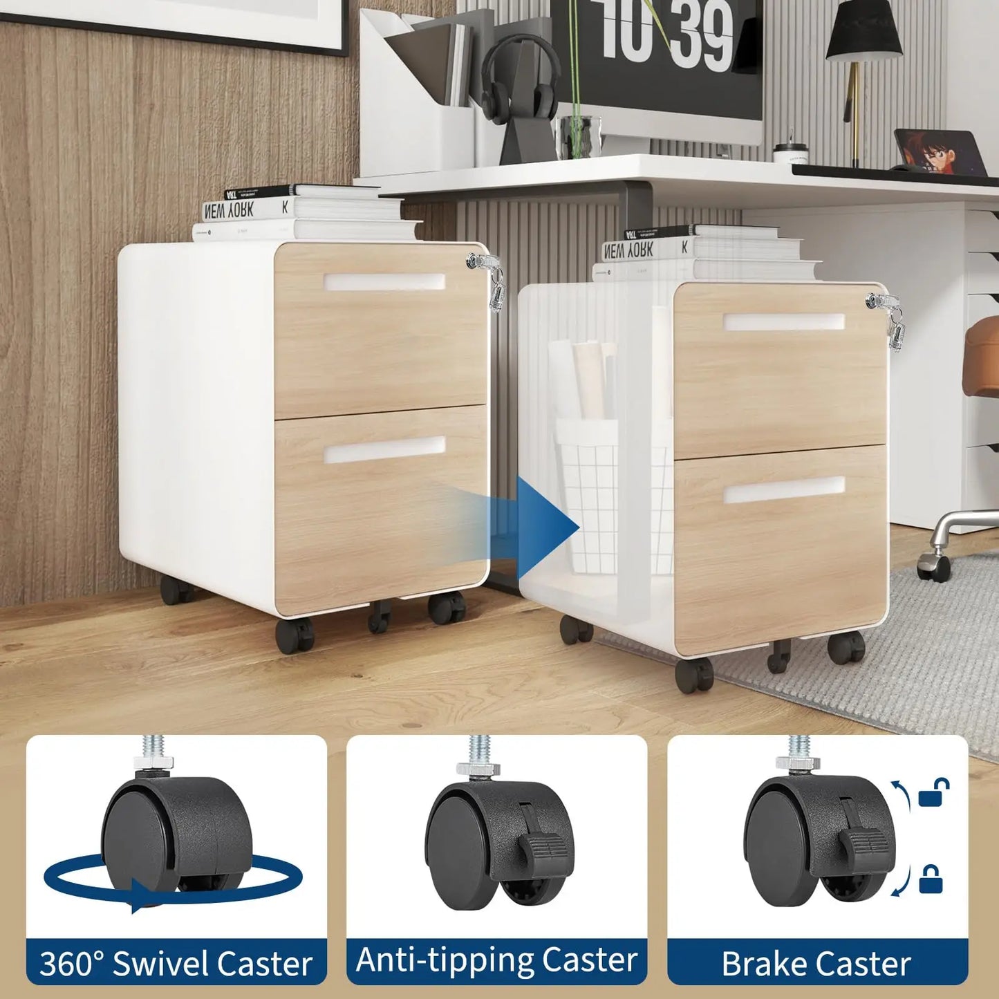 HiMISS Locking 2 Drawer On Wheels Rolling File Cabinet
