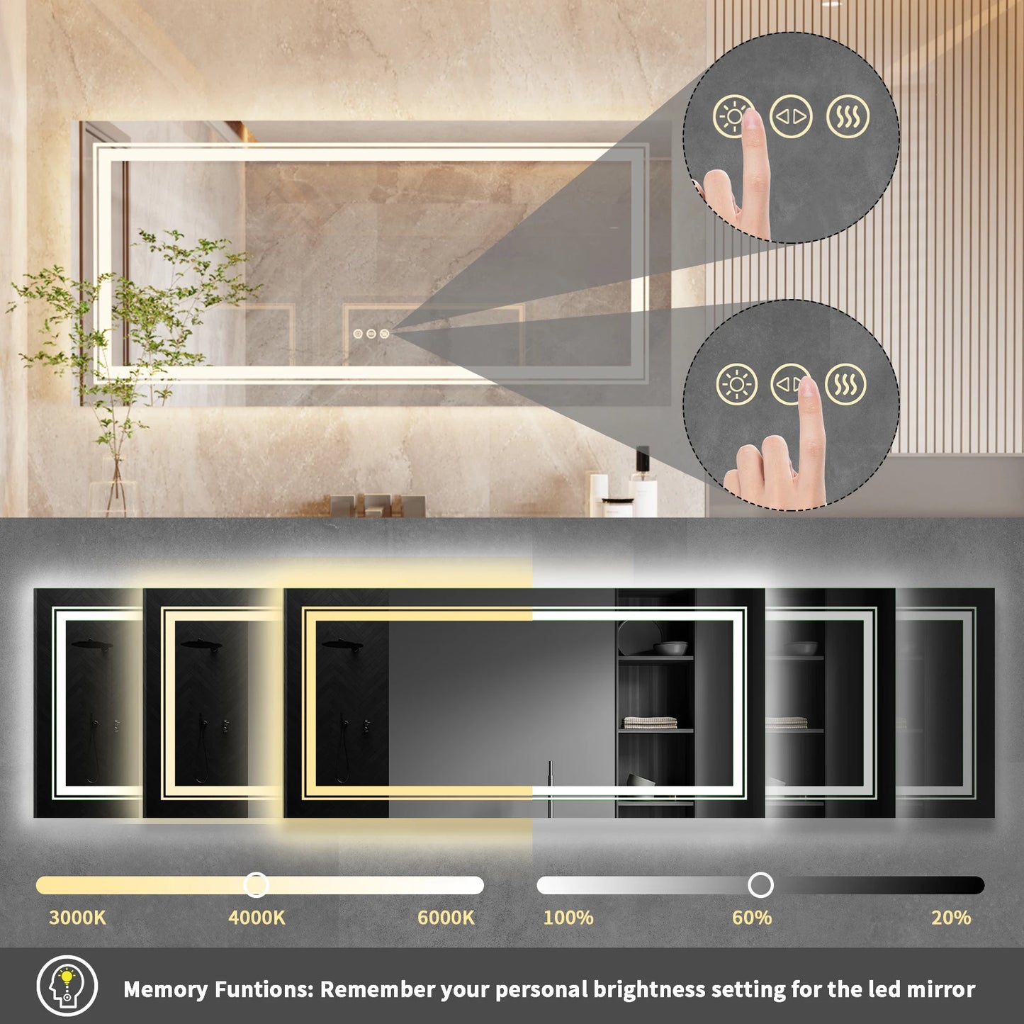 Wisfor LED Backlit Bathroom Mirror With Memory Anti Fog Front And Back Lighting