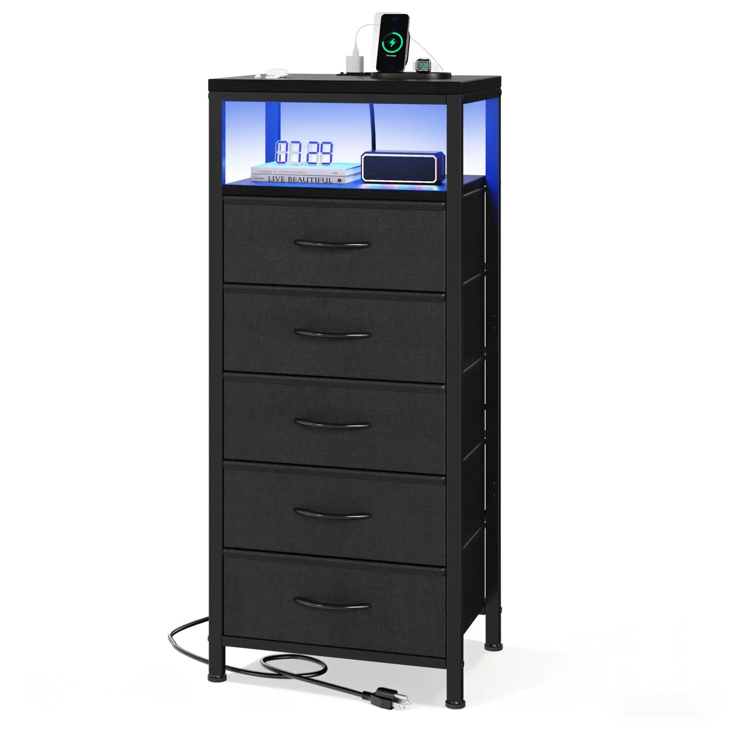 JHK 5 Drawer Dresser Nightstand With Charging Station