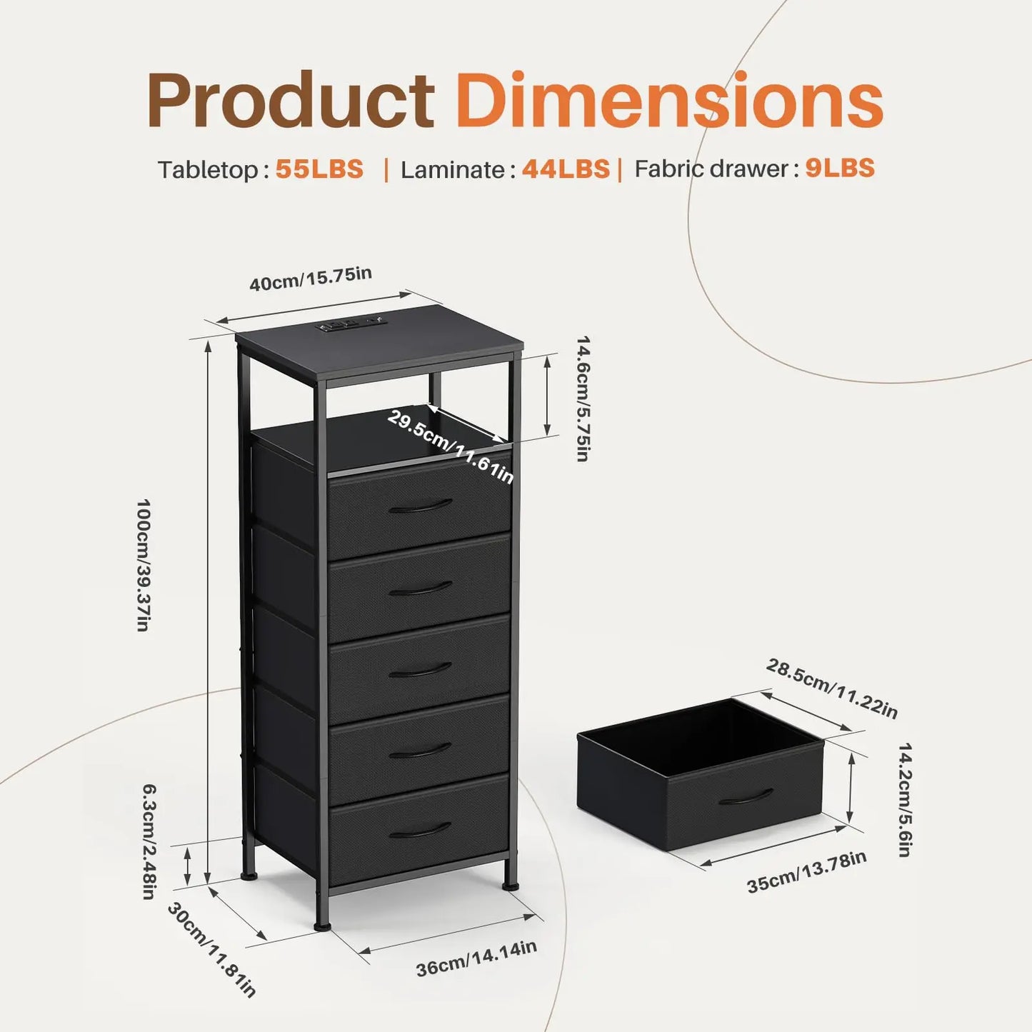 JHK 5 Drawer Dresser Nightstand With Charging Station