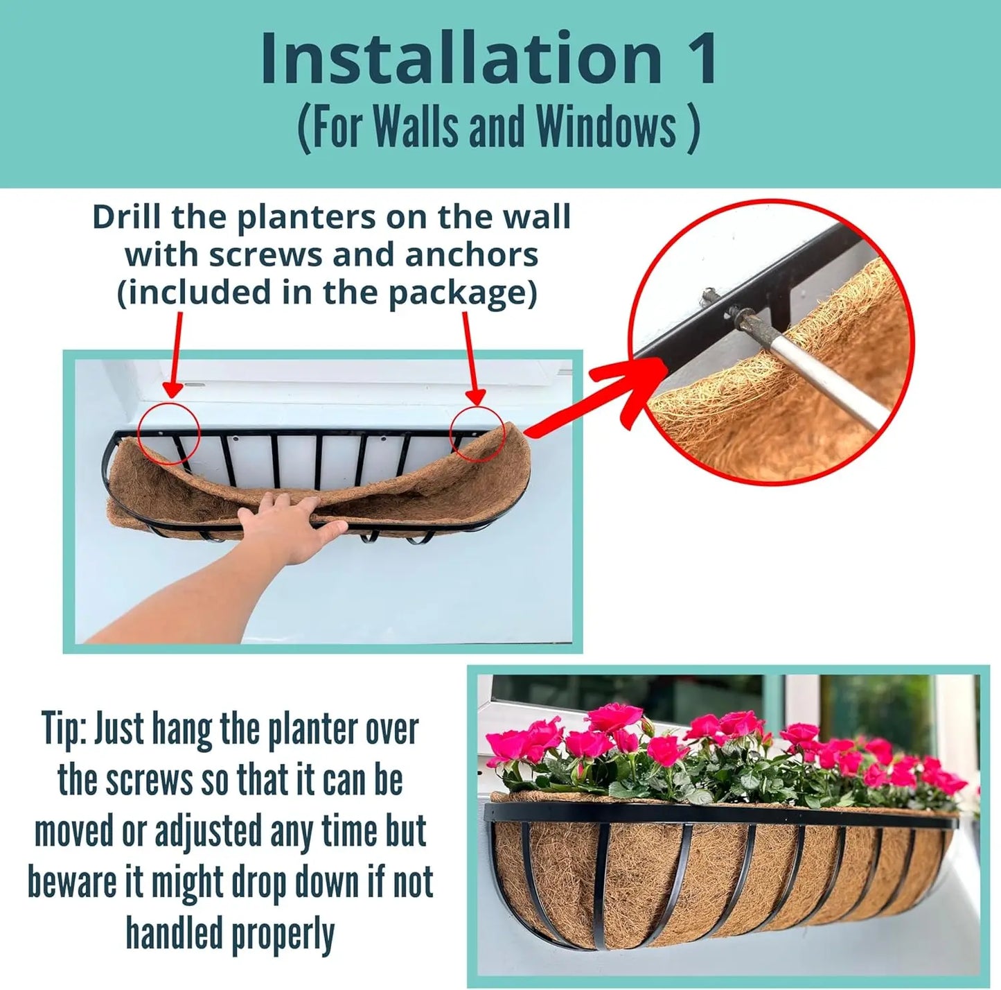 2 Pack Metal Window Box Planters For Outdoor Wall Hanging