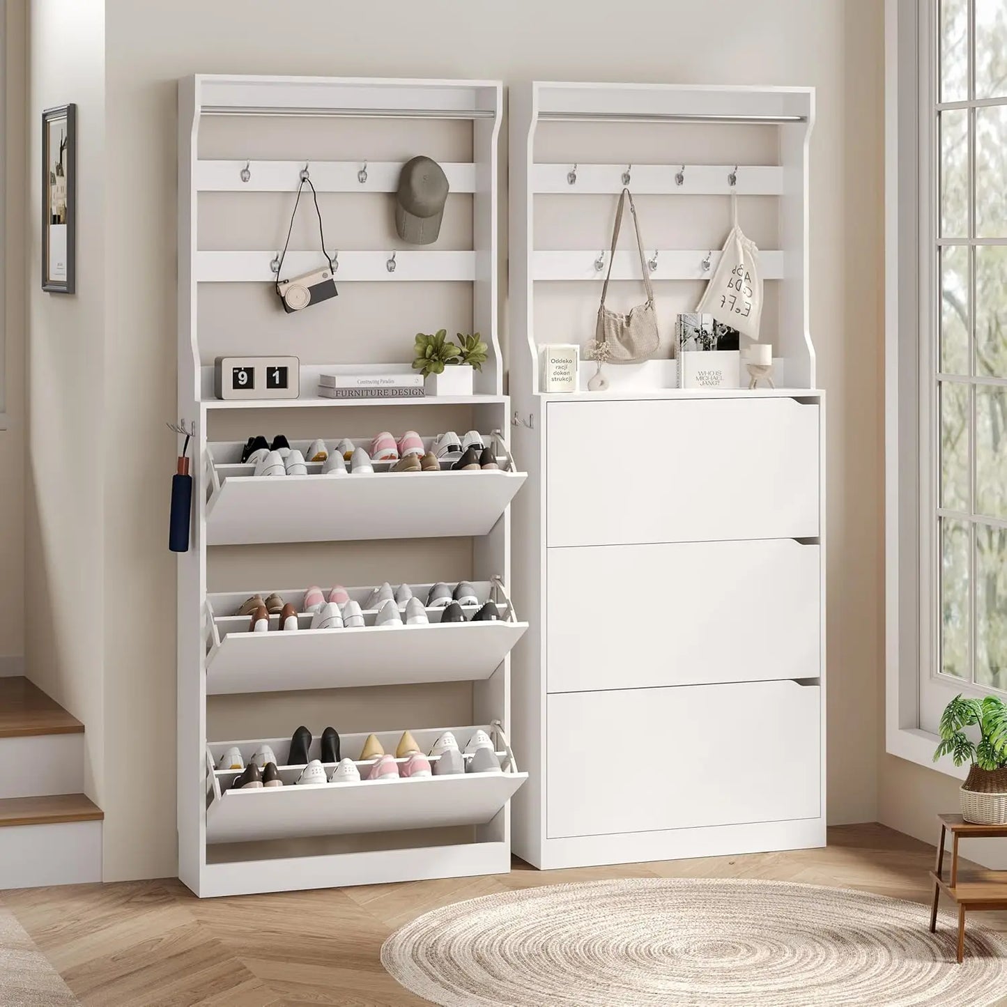 Shoe Cabinet With Coat Rack Doors Drawer Hidden Storage