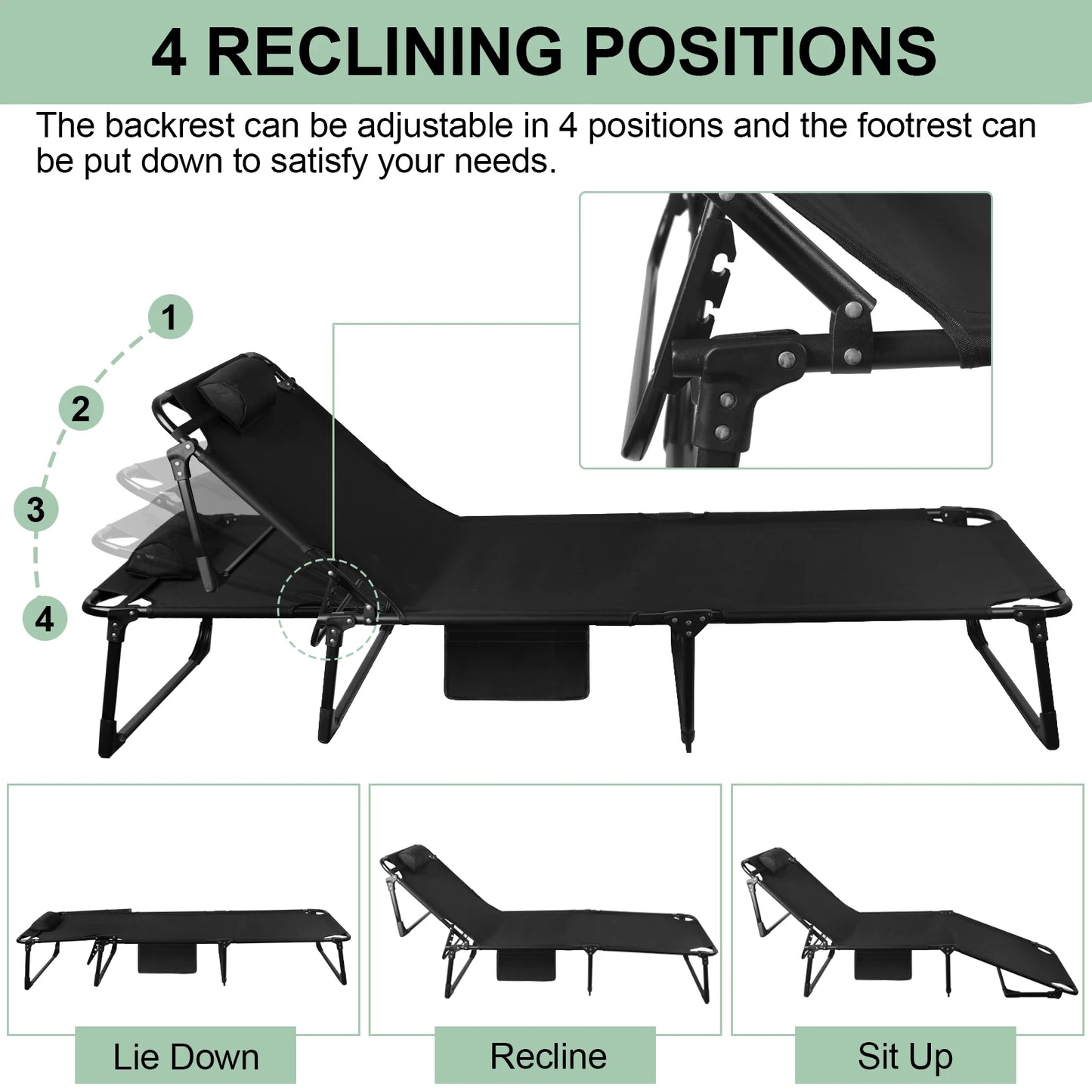 Portable Folding Camping Cot Three Position Reclining Lounge Chair