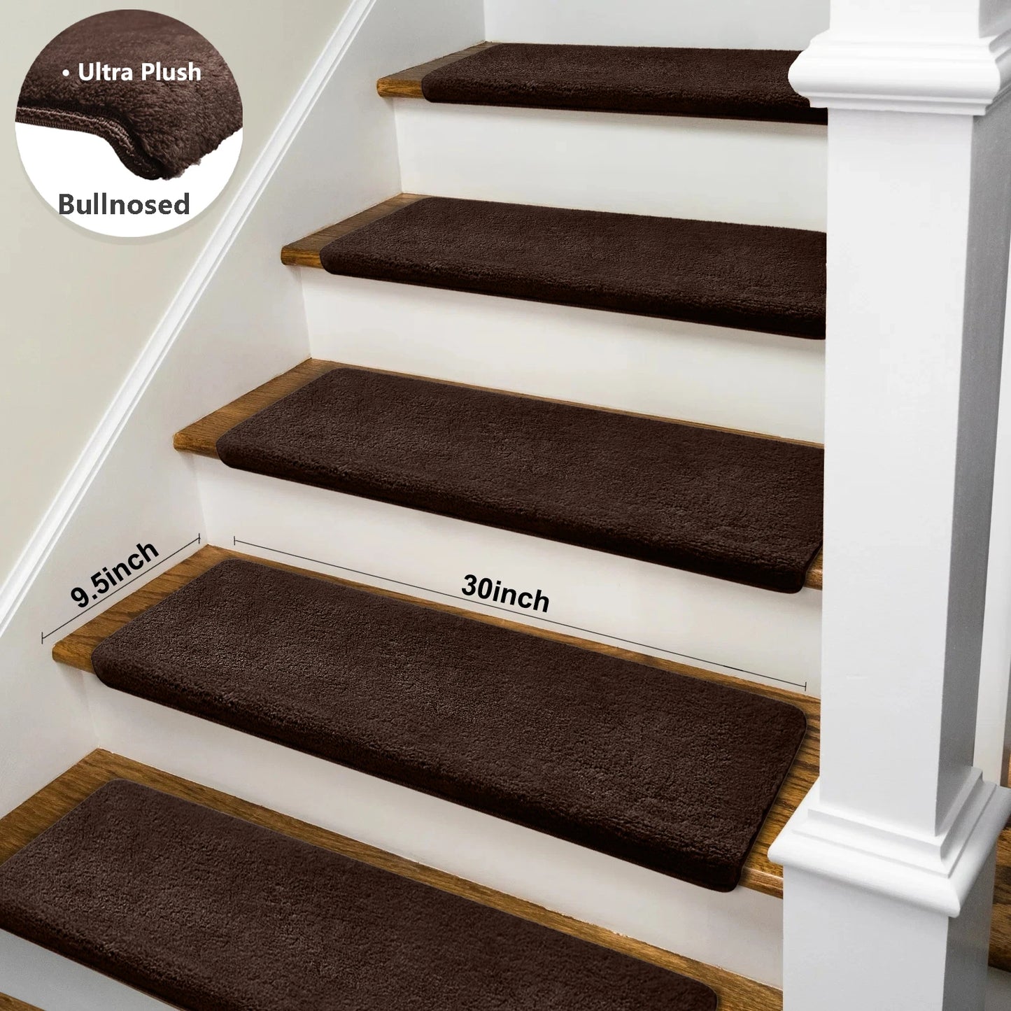 Non-Slip Bullnose Stair Treads Washable Self-Adhesive Plush Carpet Mats