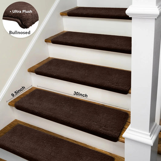 Non-Slip Bullnose Stair Treads Washable Self-Adhesive Plush Carpet Mats