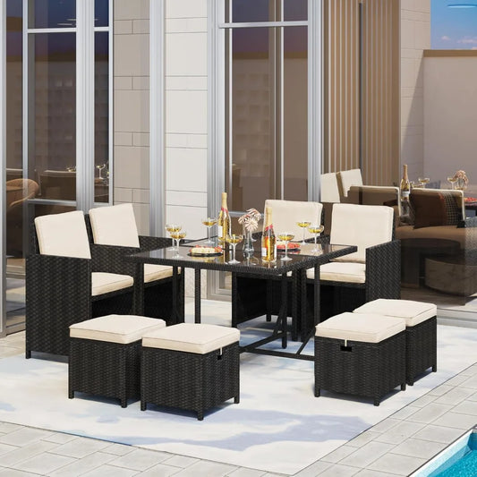 9-Piece Outdoor Patio Dining Set With Rattan Glass Table