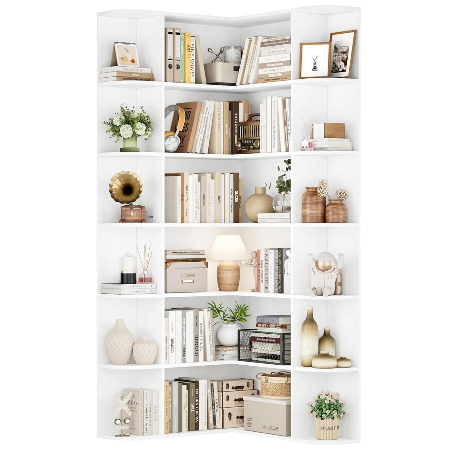 L Shaped Corner Bookshelf Six Tier Wood Bookcase Home Office