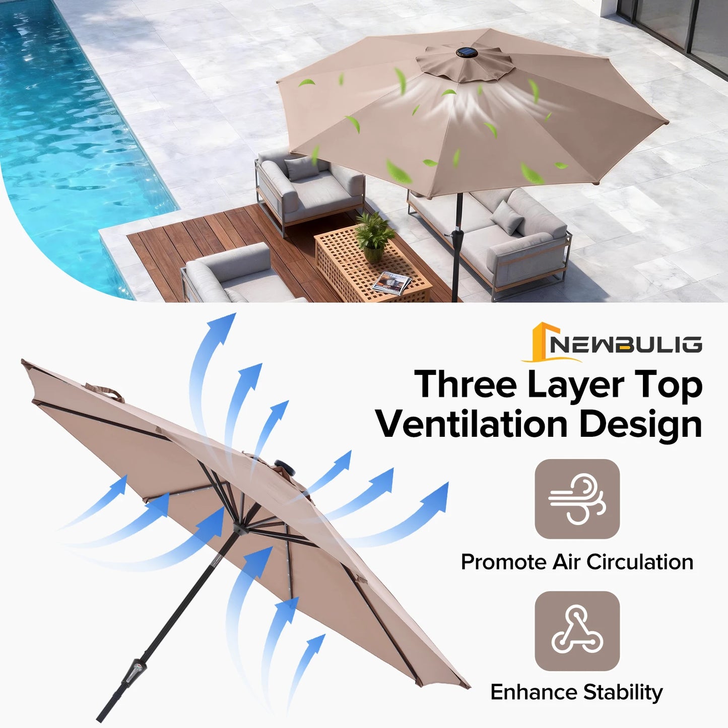JHK Solar Patio Umbrella With 32 LED Lights Tilt Crank UV Resistant