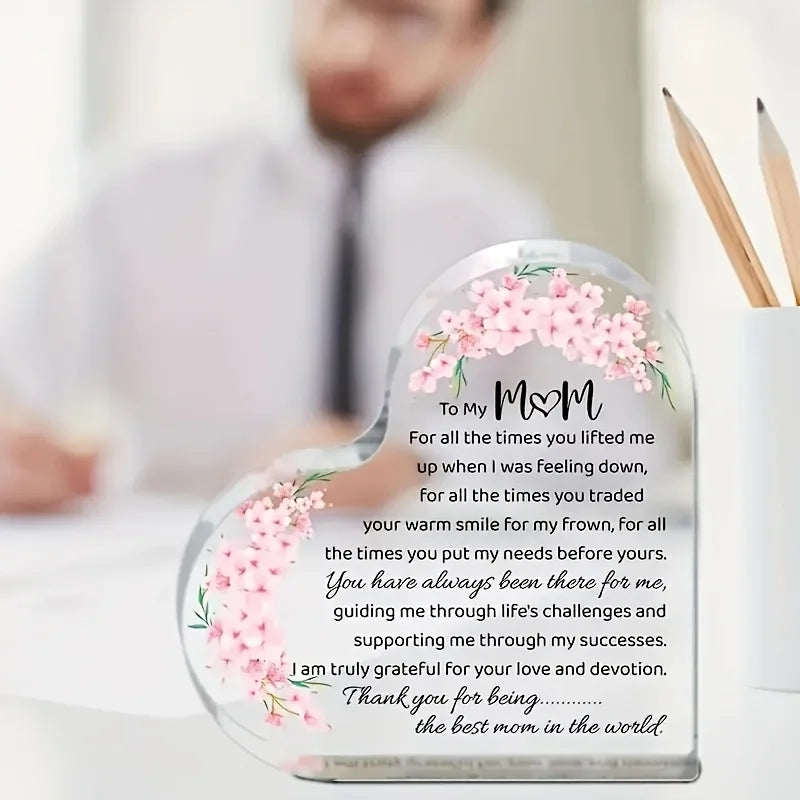 Heart Shaped Acrylic Mom Appreciation Plaque With Floral Design Gift