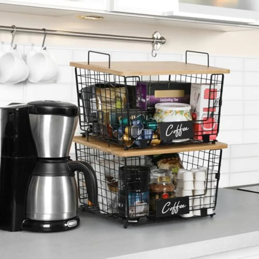 Stackable Wire Basket Set With Bamboo Tops For Pantry Organization
