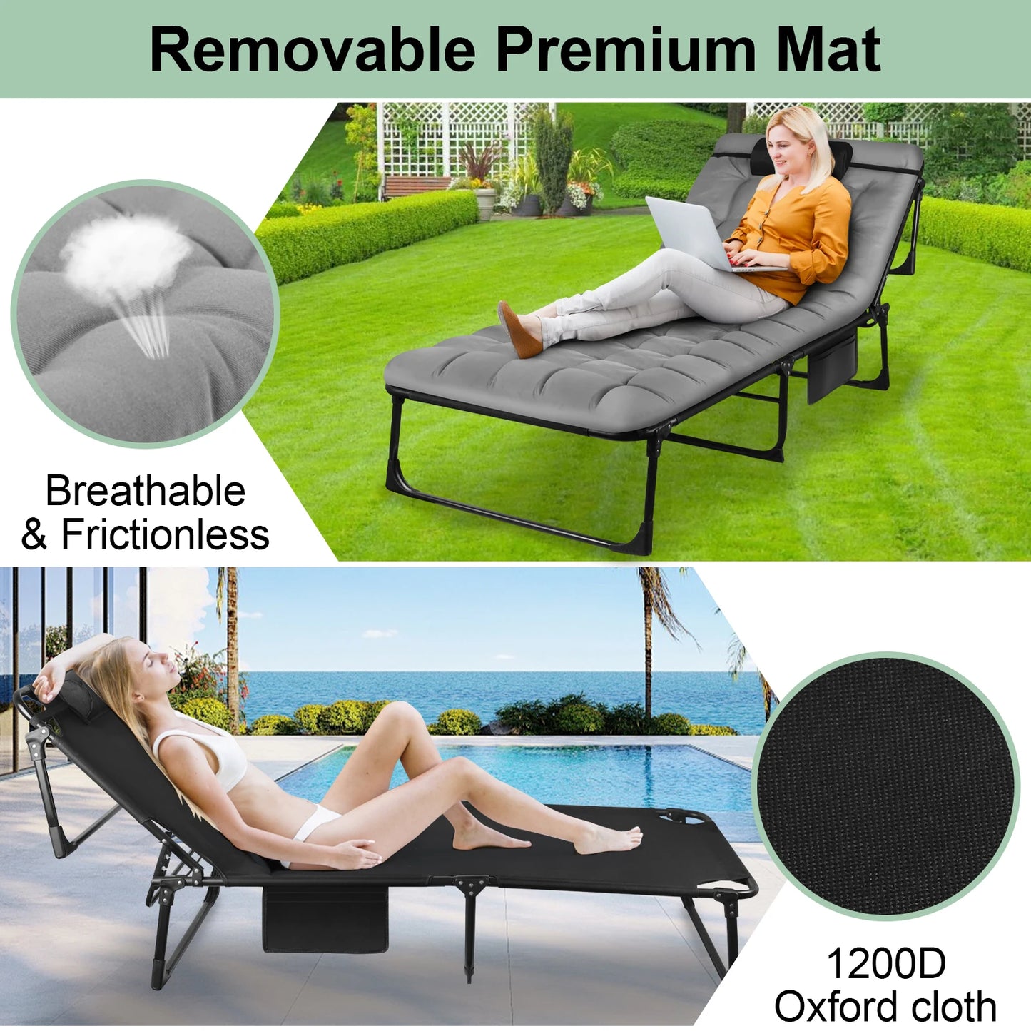 Portable Folding Camping Cot Three Position Reclining Lounge Chair