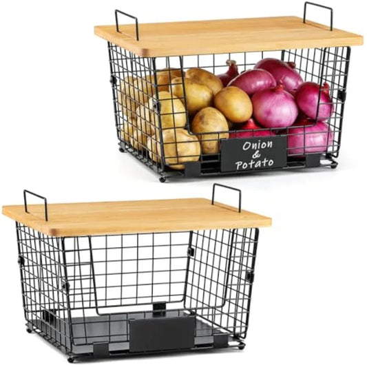 Stackable Wire Basket Set With Bamboo Tops For Pantry Organization