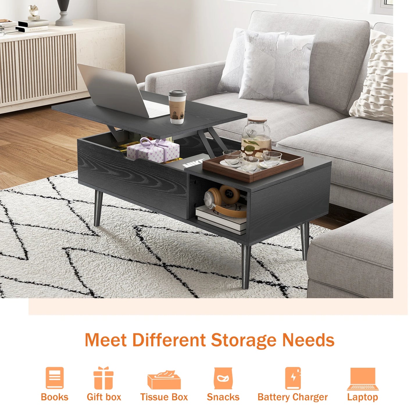 JHK Lift Top Coffee Table With Storage And Adjustable Height