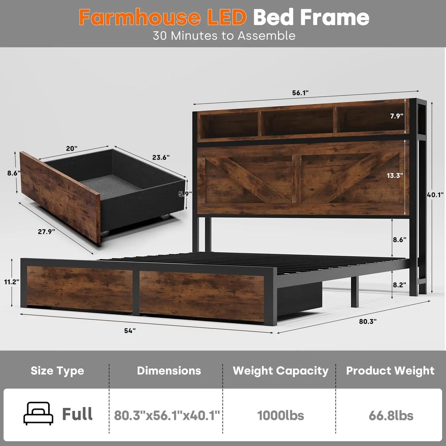 Chengwei Farmhouse Full Bed Frame With Bookcase Storage Headboard