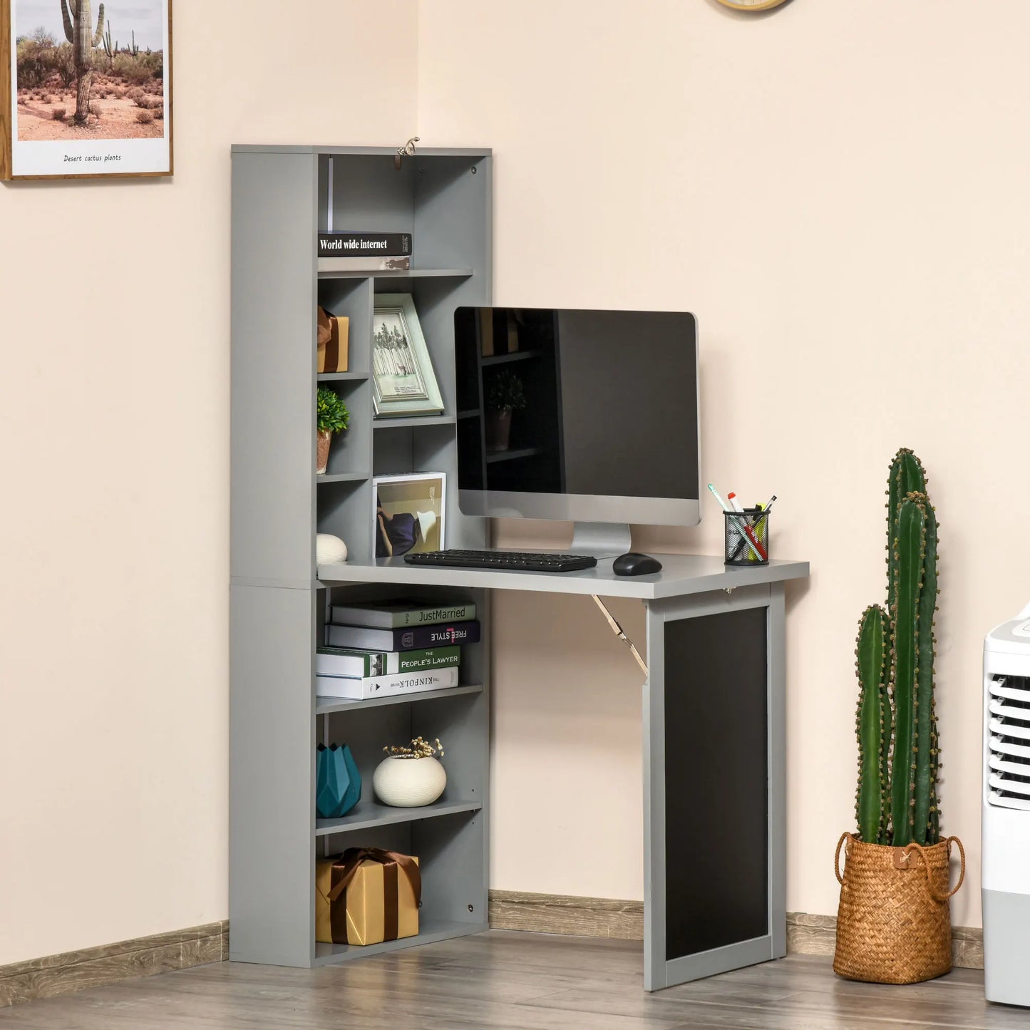 HOMCOM Fold-Out Convertible Office Desk With Blackboard Wall Mount Shelf