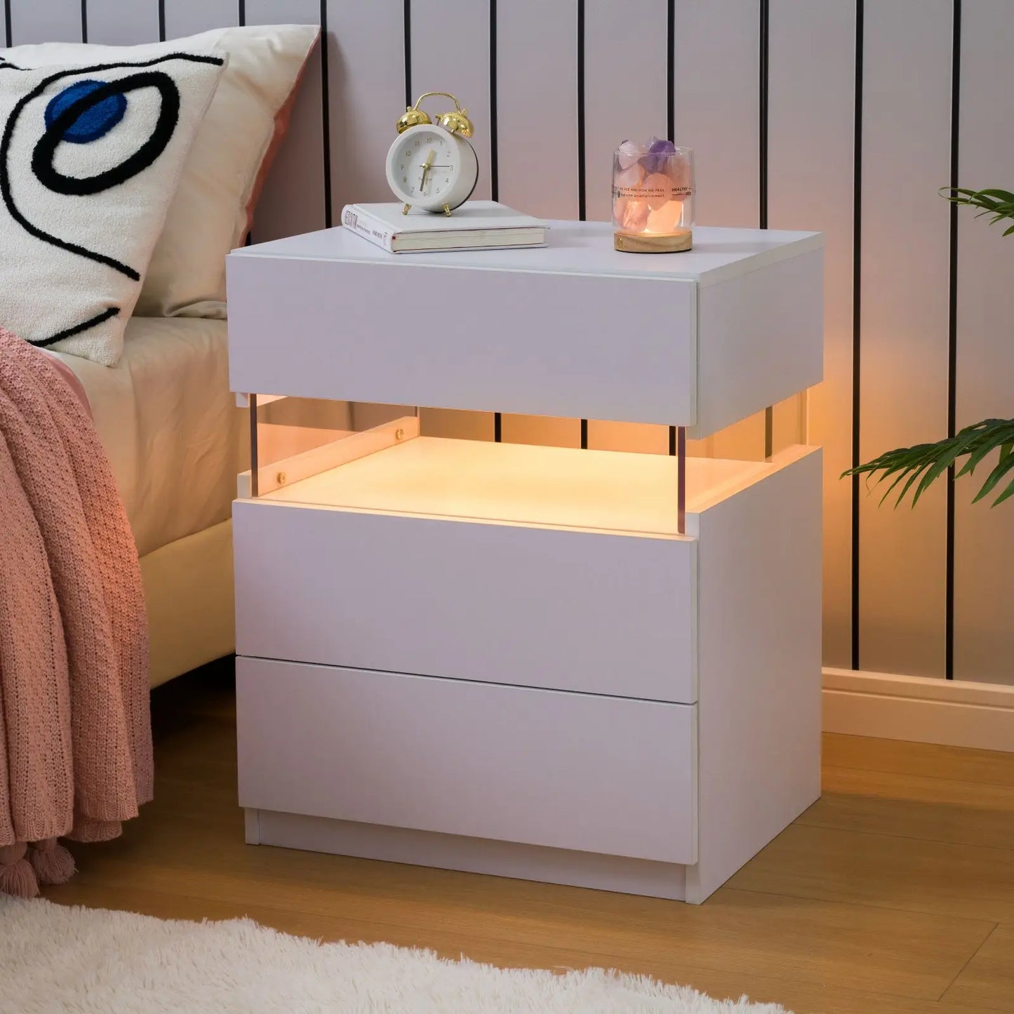 Cubehom Bedside Table Set With LED Lighting And 3 Drawers