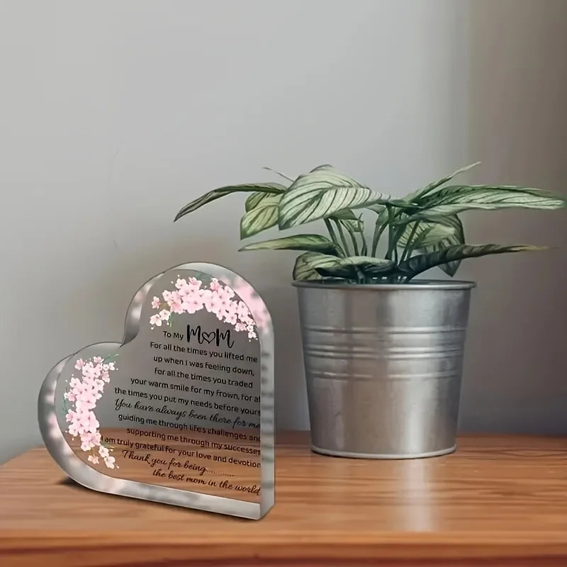 Heart Shaped Acrylic Mom Appreciation Plaque With Floral Design Gift