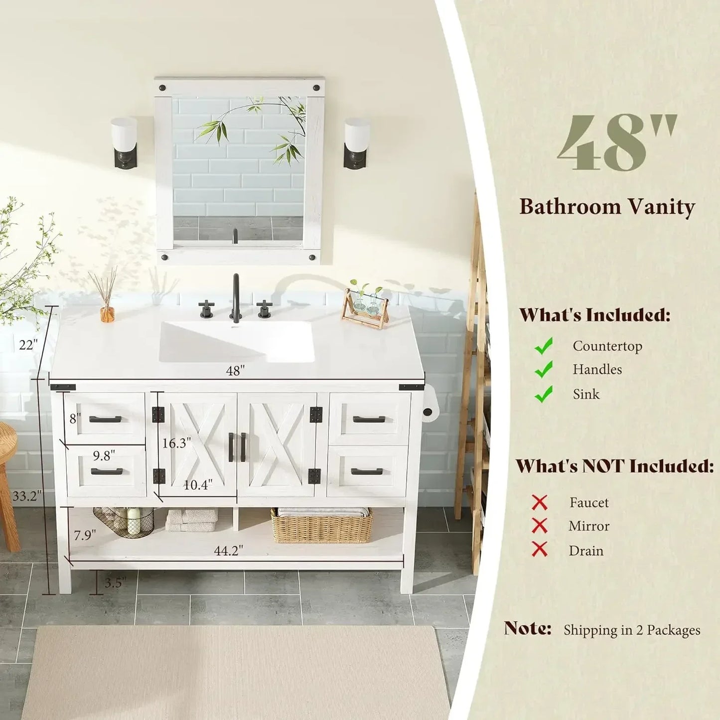 Farmhouse Freestanding Vanity With Porcelain Sink And Four Drawers
