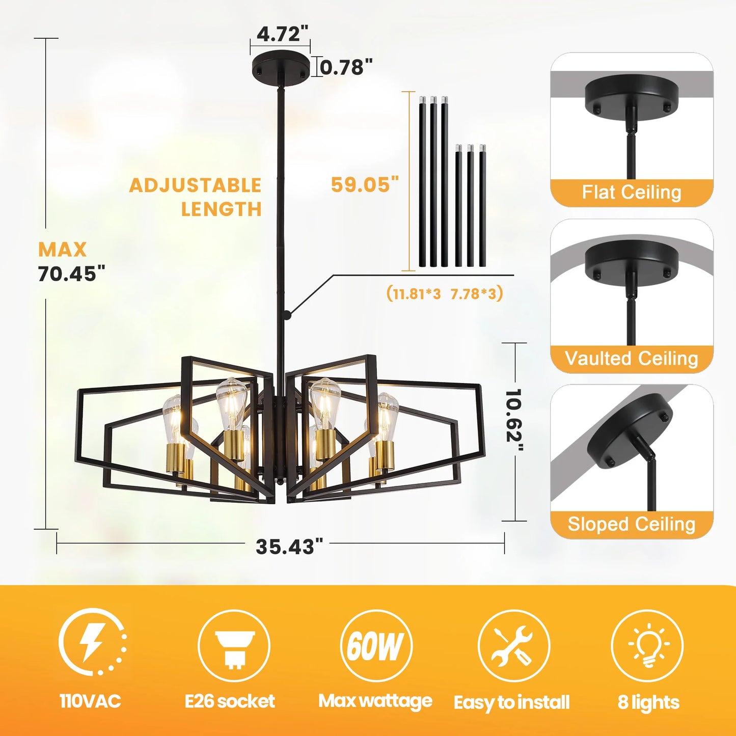 Geometric Eight Light Chandelier With Adjustable Height Metal Pendant