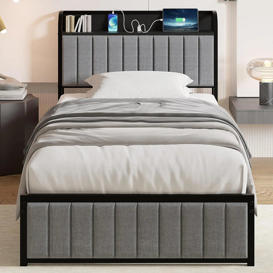 Bed Frame With Storage Headboard Charging Station Heavy Duty Slats